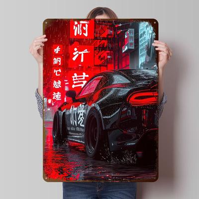 Schwarzer Sportwagen im Neon-Regen Gedrucktes Poster Benutzerdefinierte Wandkunst Retro Vintage Metallblechschilder für Raumdekoration Schlafzimmer Haus