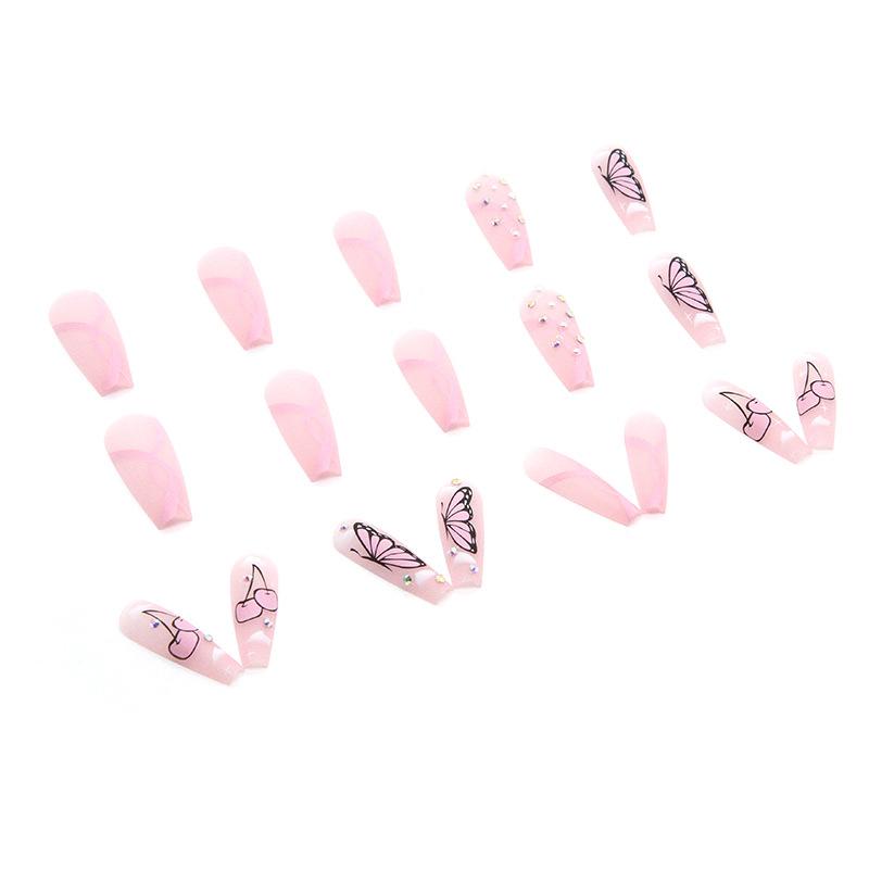 Artificial Nails Long Ballet Nails Diamond Style Wearable Nails Pink Butterfly Vitality Girl Nail Piece