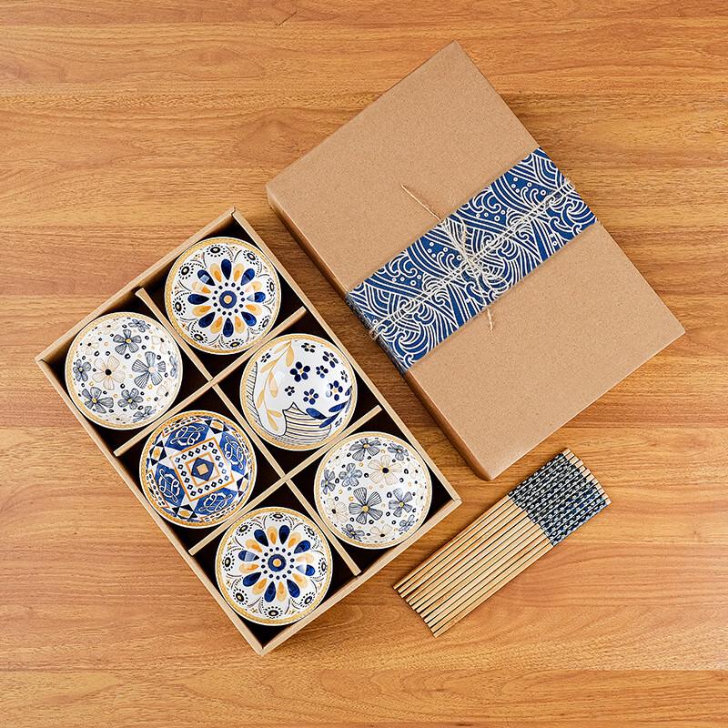 Ru Han Ceramic Underglaze Blossoming Prosperity Tableware Set (6 Bowls, 6 Chopsticks) - Twin Pack