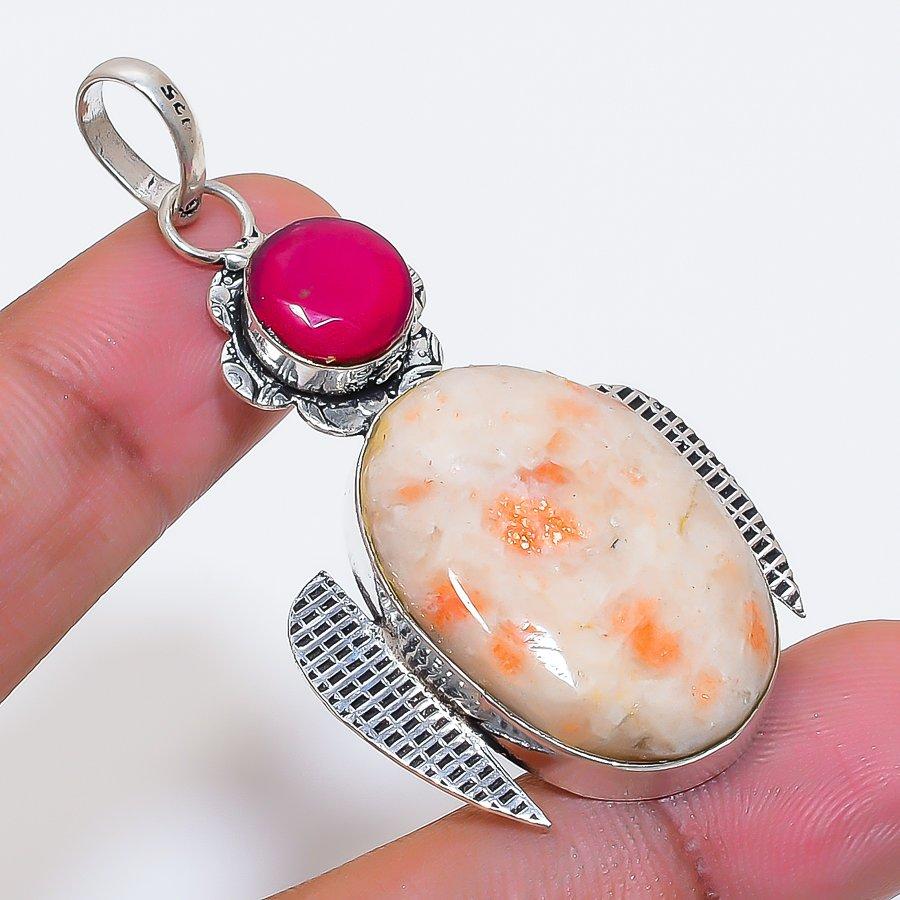 Natural Sunstone, Jade Gemstone 925 Sterling Silver Jewelry Pendant 2.25" ZS-1307