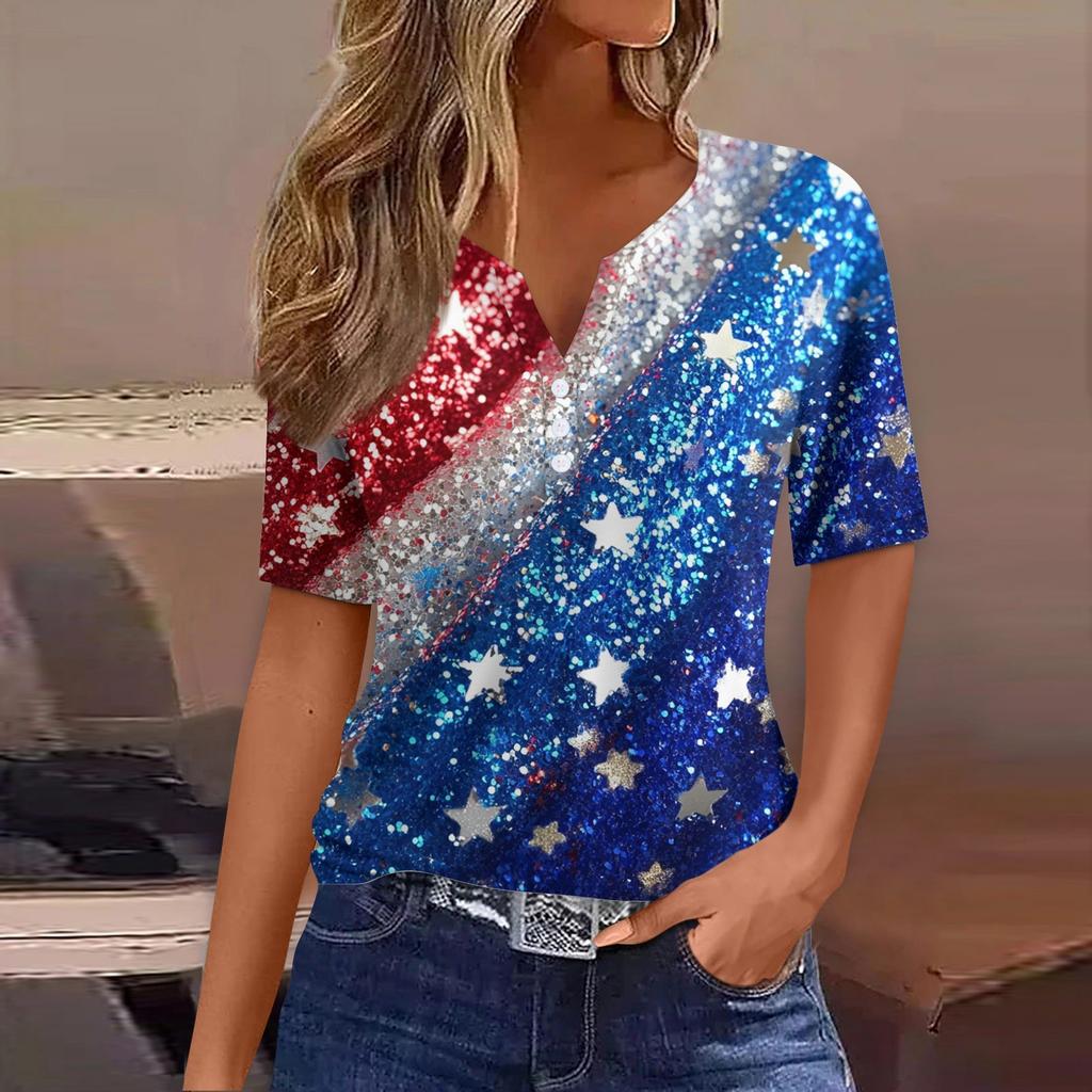 Women's Fashion Casual Independence Day Print V-neck Short Sleeve Decorated Button T-shirt Top