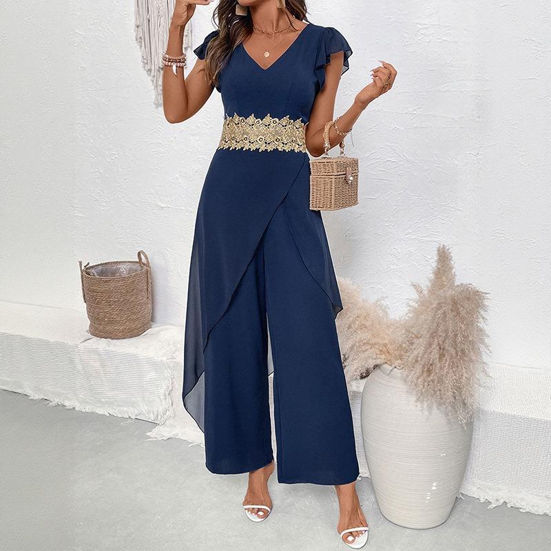 YYFS Women's Fashion Casual Summer Spring Solid Color Print Short Sleeve V-Neck High Waist Trousers Jumpsuits & Rompers