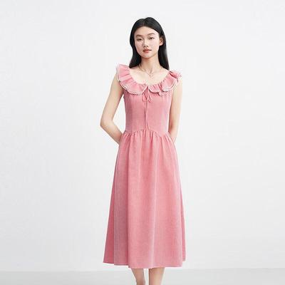 LEDIN French Style Contrast Ruffled Flutter Sleeve Long Dress