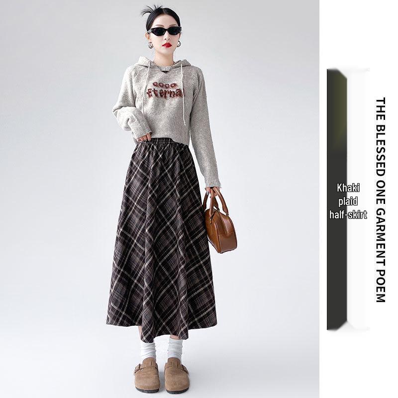

Navy Blue Plaid A-Line Mid-Length Skirt: High Waist, Slimming, Stylish for Spring & Autumn XL хакі