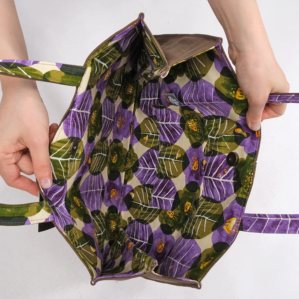 Kimono Canvas Tote Bag Misuzu Uta Stamp Ladies Office [Kyoto Yuzen] (Khaki/Post Camellia/Purple)