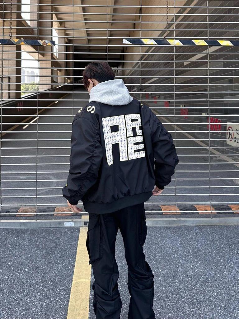 Unisex Winter Street Style Embroidered Bomber Jacket with Stand Collar