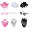 3Pcs Cowgirl Hat Set For Women 3 Light Modes Light Up Tiara With Bandana And Heart Shape Sunglasses Glitter Drawstring Cowboy Hat Dress Decoration