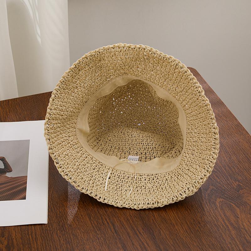 Summer Outdoor Sunshade Hat for Women, Hollowed Out Breathable Straw Woven Bucket Hat, High-end Pearl Fisherman Hat