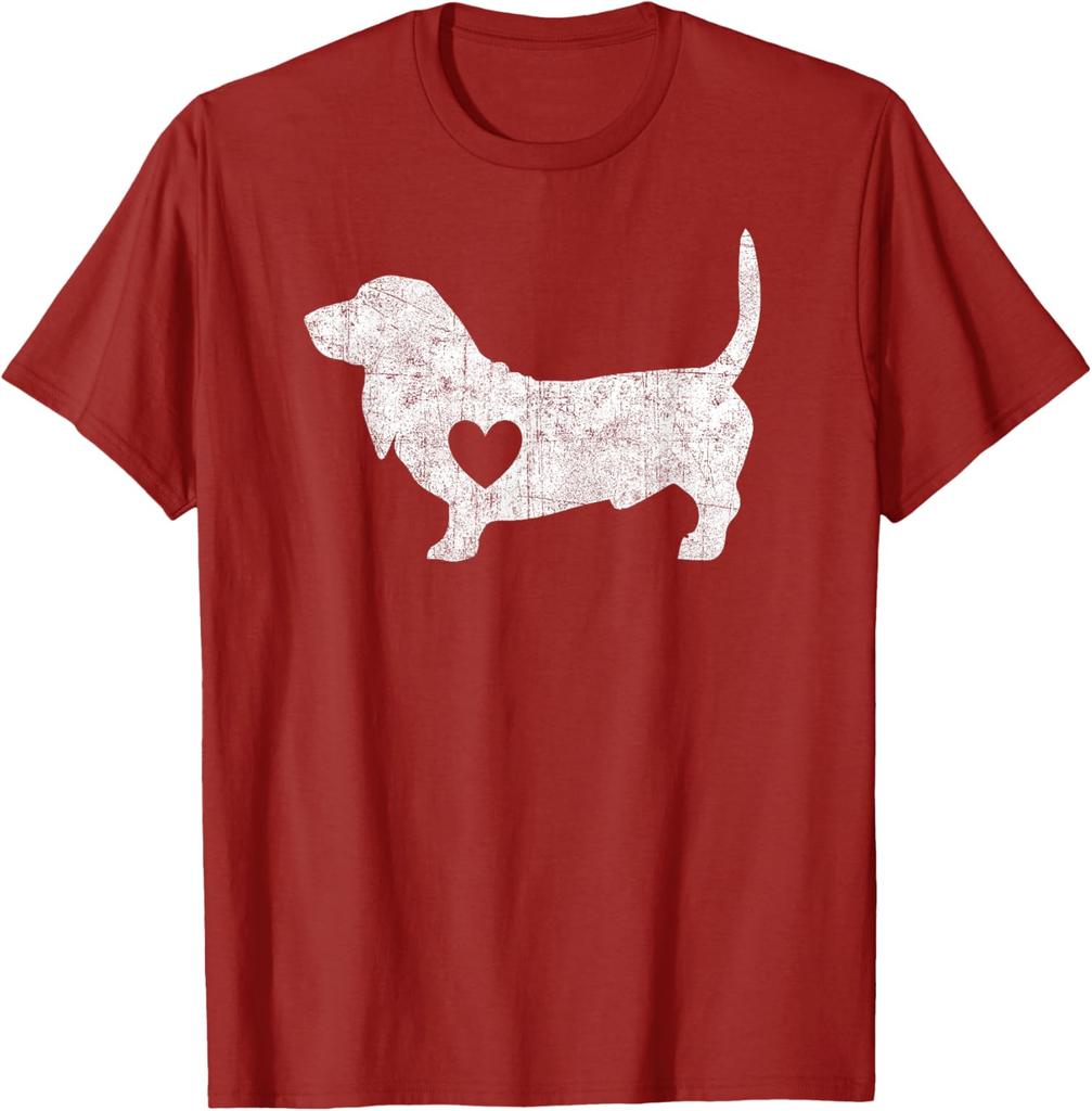 Basset Hound Heart Silhouette Distressed Graphic Tee Cotton Casual Short Sleeve T-Shirt for Men Women