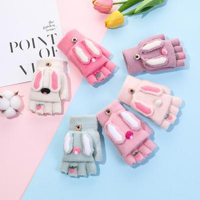 Winter Kinder Strickfingerhandschuhe für Jungen und Mädchen, warm und gefüttert, verdickte Cartoon Halbfinger Fäustlinge mit Klappe zum Schreiben