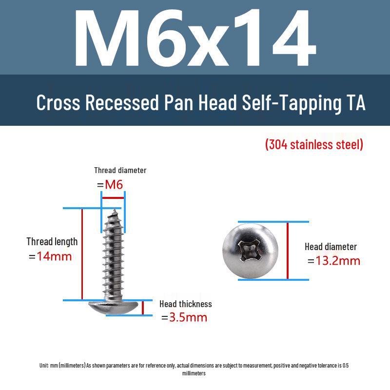 304 Stainless Steel Large Flat Head Self-Tapping Screws, TA Umbrella Head, Pointed Tail, M2-