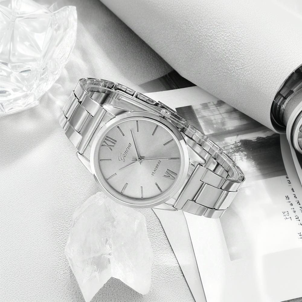 Relógio Facial Romano Pulseira de Aço Inoxidável para Mulheres Conjunto de Acessórios para Relógio de Quartzo Relógio Versátil de Liga para Estudante