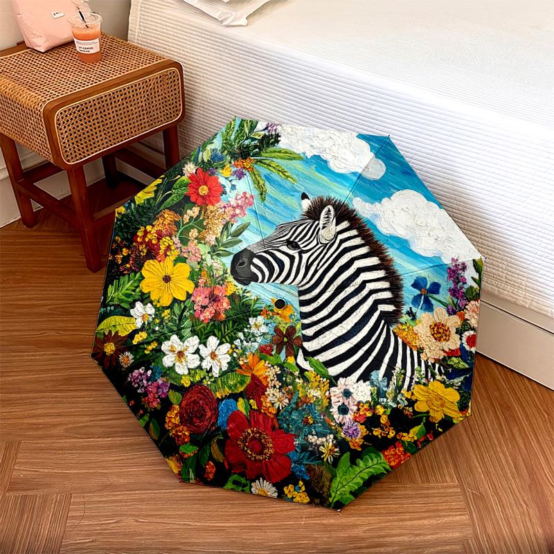 

1 PC Automatic Folding Umbrella - Zebra Pattern, Portable & Foldable Design with 8 Ribs, Christmas Birthday Gifts