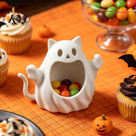 Small Accessory Organizer 3D Printed Halloween Ghost Cat Storage Holder, Decorative Kitten Statue with Niche Party Supplies Hollow Storage,