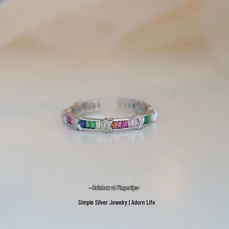 Beixi Women's High-End Sterling Silver Cross Ring with Rainbow Zirconia - Niche Luxury Cool Style