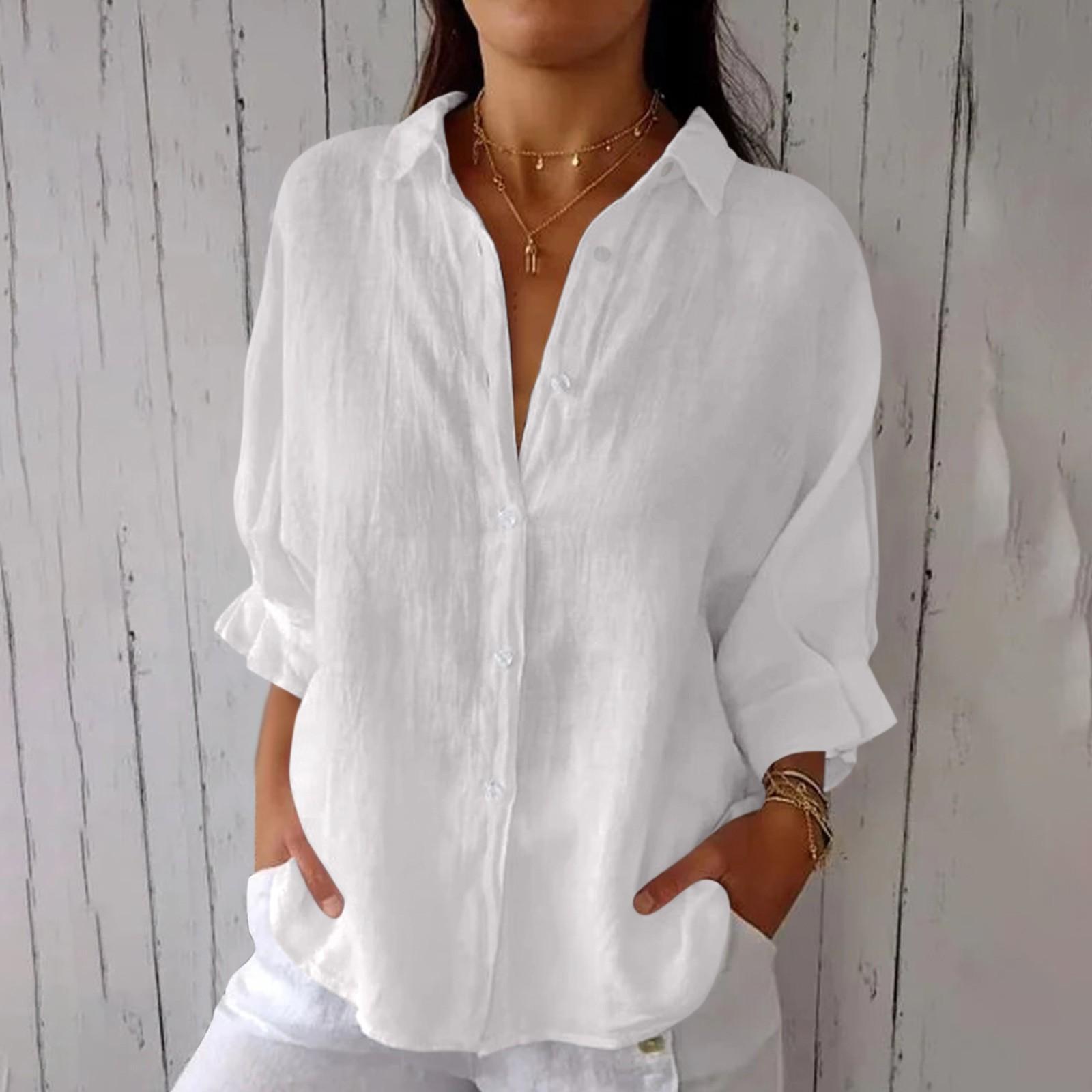 

Женская модная однотонная повседневная кружевная рубашка с рукавами 3/4 и отворотами сзади XXXXXL белый