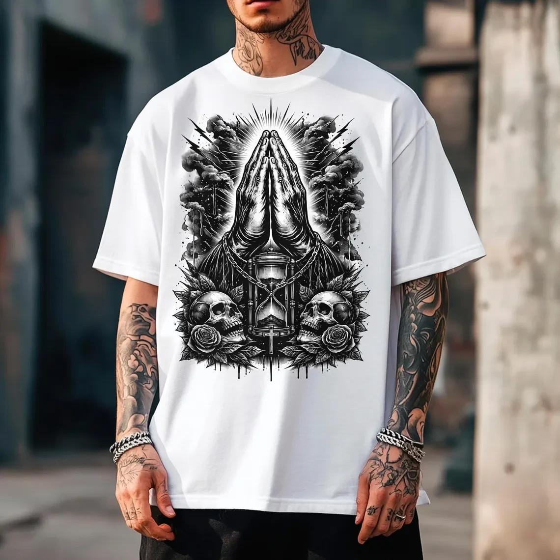 Biker Praying Hands Skull Graphic Tee Religious Spiritual Tattoo Art Mens T-shir S