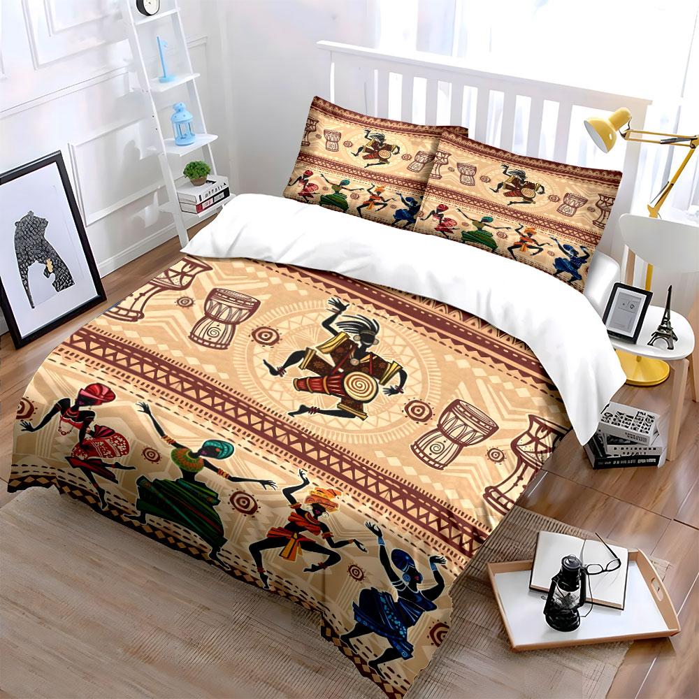 Dancers, drums, tribal patterns. Print Bedding Set 1 Duvet Cover 2 Pillowcases for Adult and Children Luxury Gift Full Size