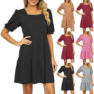 Women's Fashionable Solid Color Square Neck Short Sleeved Loose Patchwork Knitted Dress
