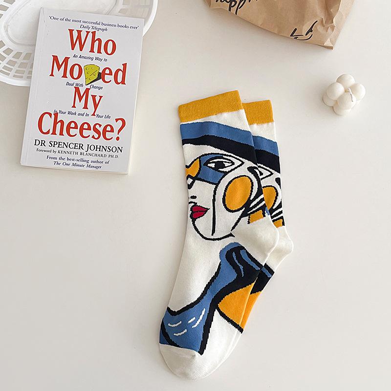 1 Pair Fashionable Oil Painting Art Printing Soft Comfortable Breathable Casual Socks Elegant Cartoon Graffiti Women Tube Socks