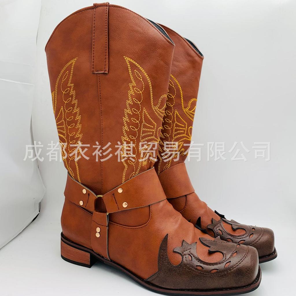New Men'S Head European And American Embroidery Men'S Leather Boots Knight Boots Warm Low Heels Men'S Shoes Large Size