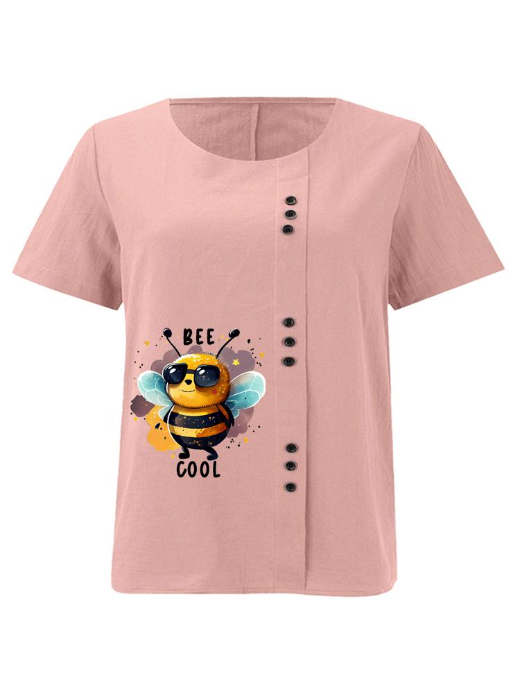 Women s Fashion Bee Print Shot Sleeve T-shirt Loose Cotton Shirt Casual Loose Summer Plus Size Blouse Tops S