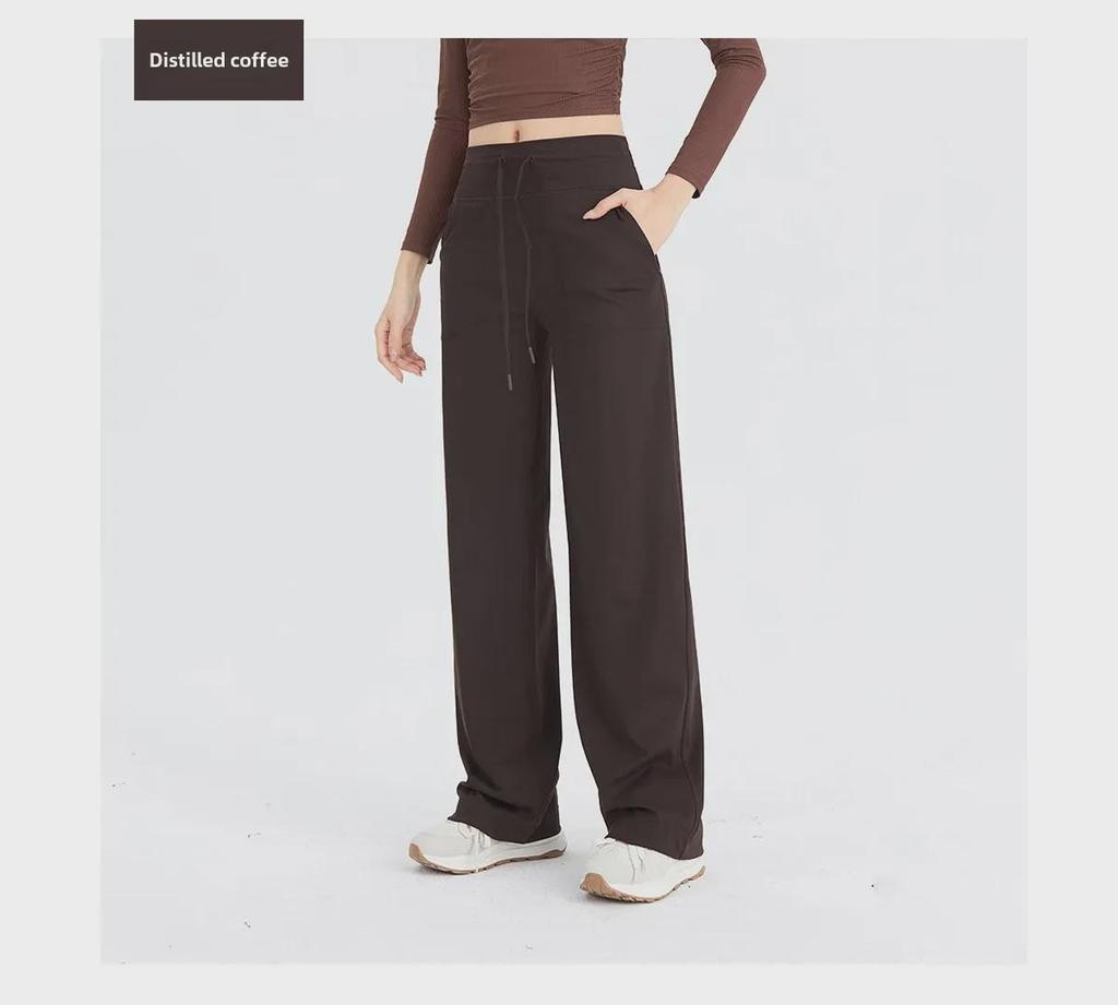 Dámské jóga kalhoty s vysokým pasem, v tělové barvě, se širokými nohavicemi a stahovací šňůrkou - Prodyšné, volný střih pro fitness