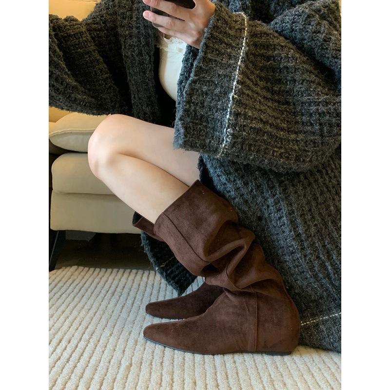 Western Cowboy Boots Women's Retro Niche Big Tube Circumference Thin Pleated Piled Boots