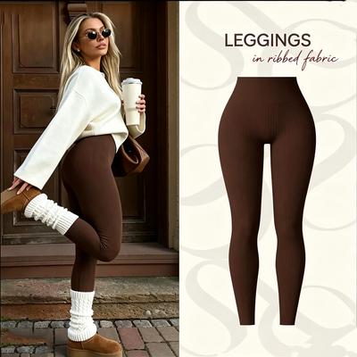 Damen Gerippte Leggings Gestrickte Leggings Damen Nahtlose Schlanke Strumpfhosen Hohe Taille Po-Hebend Hohe Elastizität Yoga Fitnesshose