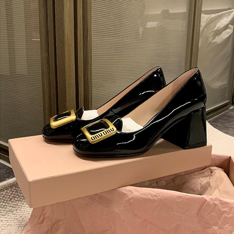

Весенние новые туфли-лодочки на высоком каблуке, французский круглый носок, металлическая пряжка, квадратная пряжка, туфли-лодочки на толстом каблуке, женская профессиональная обувь для работы 40