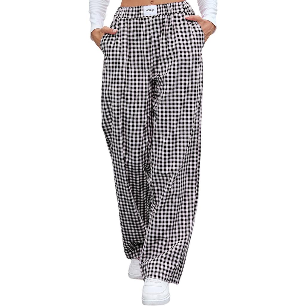 Women's Fashionable Checkered Elastic Waistband Loose Pocket Casual Pants