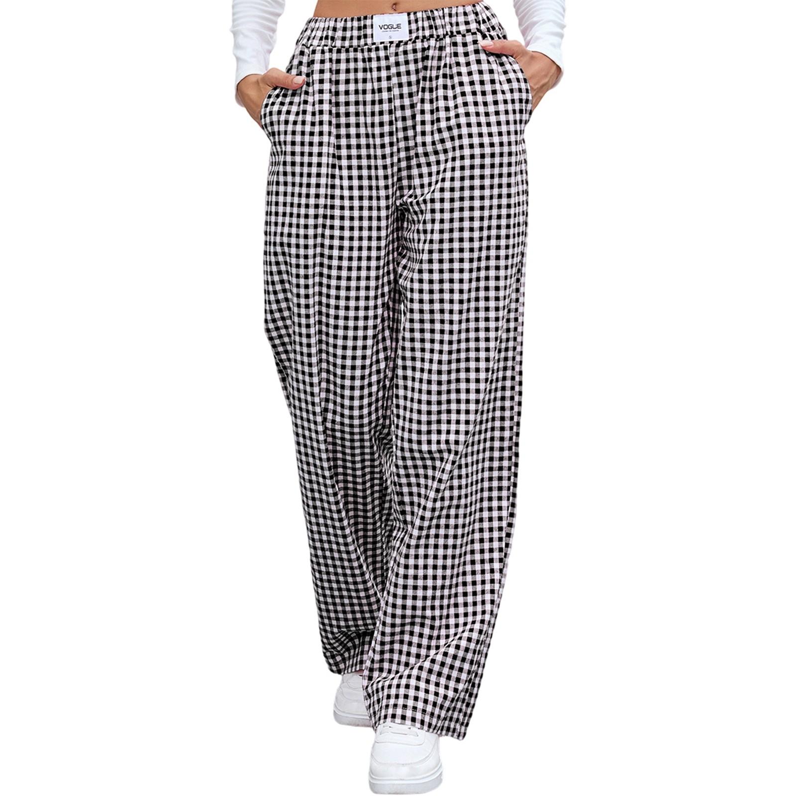Women s Fashionable Checkered Elastic Waistband Loose Pocket Casual Pants S чёрный