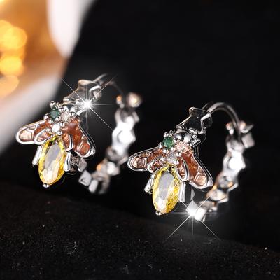 Orecchini a cerchio con fibbie a forma di ape color argento per donna, orecchini pendenti con zirconi gialli, orecchini pendenti con insetti, gioielli da festa per matrimonio, regalo