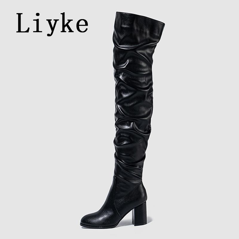 

Fashion Liyke Size 35-42 Black Women Zip Over The Knee Thigh High Boots Fashion Pleated Leather Round Toe Square Heels Booties Shoes 35 чёрный