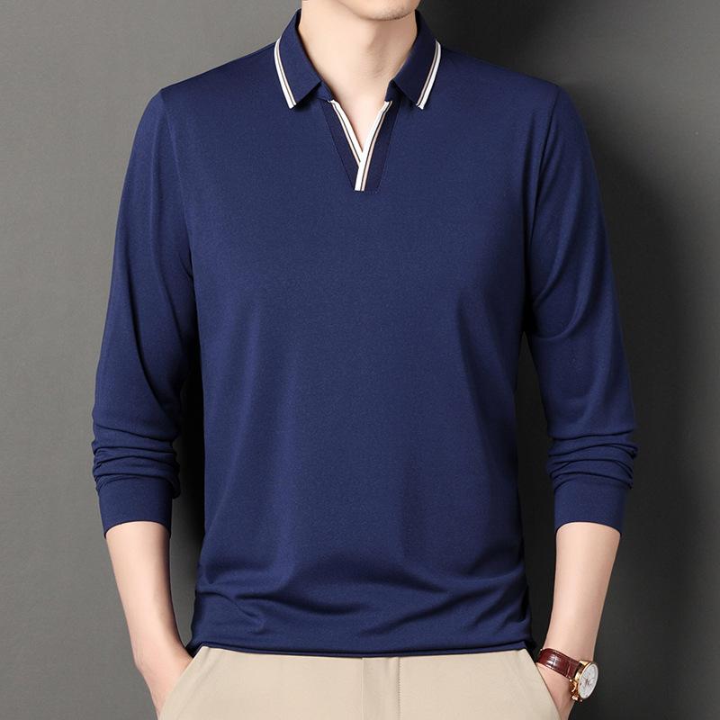 Lapel Long Sleeve T-Shirt Solid Color Thin Medium Men'S Clothes Loose Bottom Polo Shirt