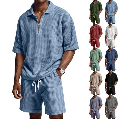 Men's Summer -color Quarter-zip Casual Loose Short-sleeved Short Pants Set