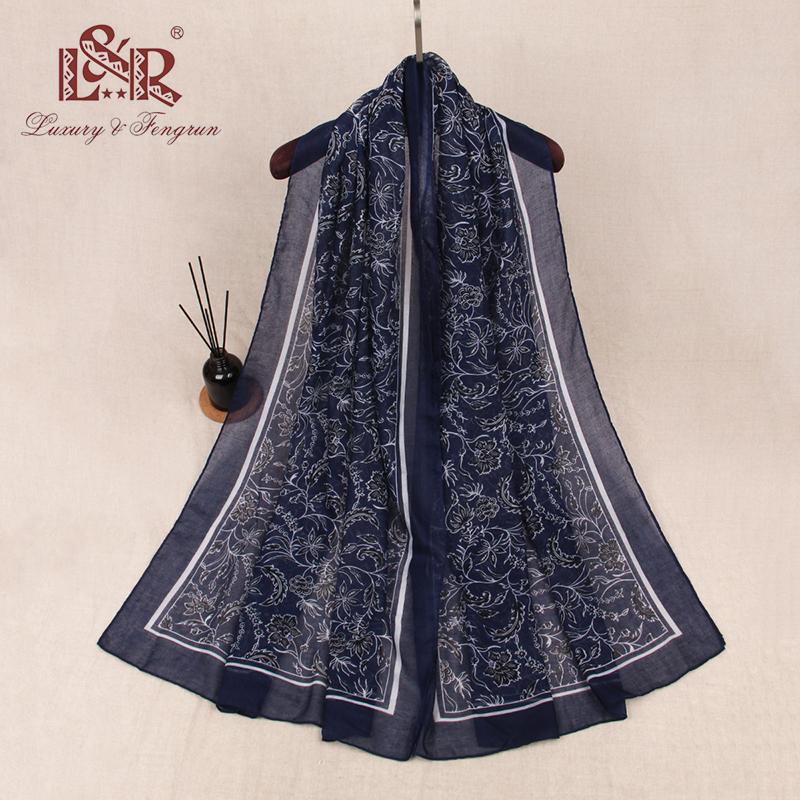 Sciarpa Stola Floreale Blu Scuro Leggera Stile Europeo & Americano Primavera-Autunno
