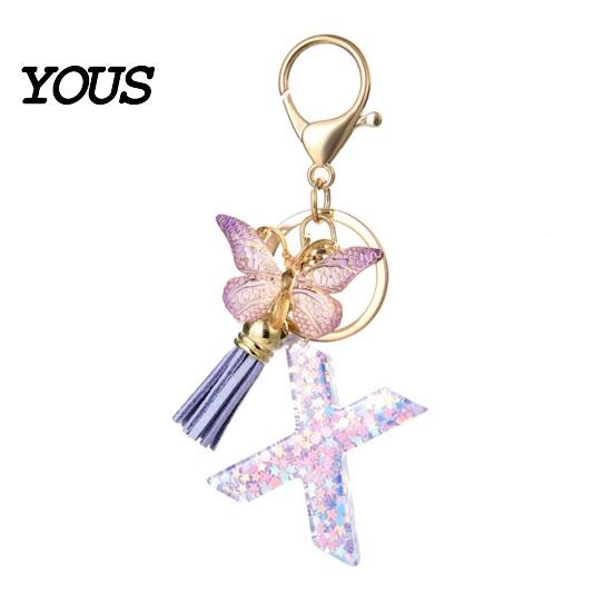 Key Holder For Backpack Purple Series Keychain Pendant, Sequins Star Initial Letter Charm Chain with Butterfly Tassel Design, A-Z for Bag