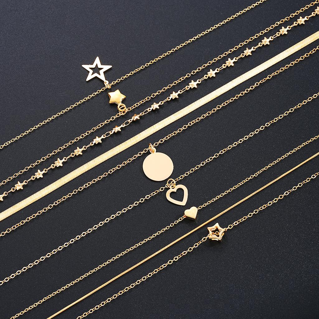7pcs/Set Simple Star Heart Pendant Necklace Set For Women Fashion Gold Color Elegant Layered Necklace Female Charms Jewelry Gift