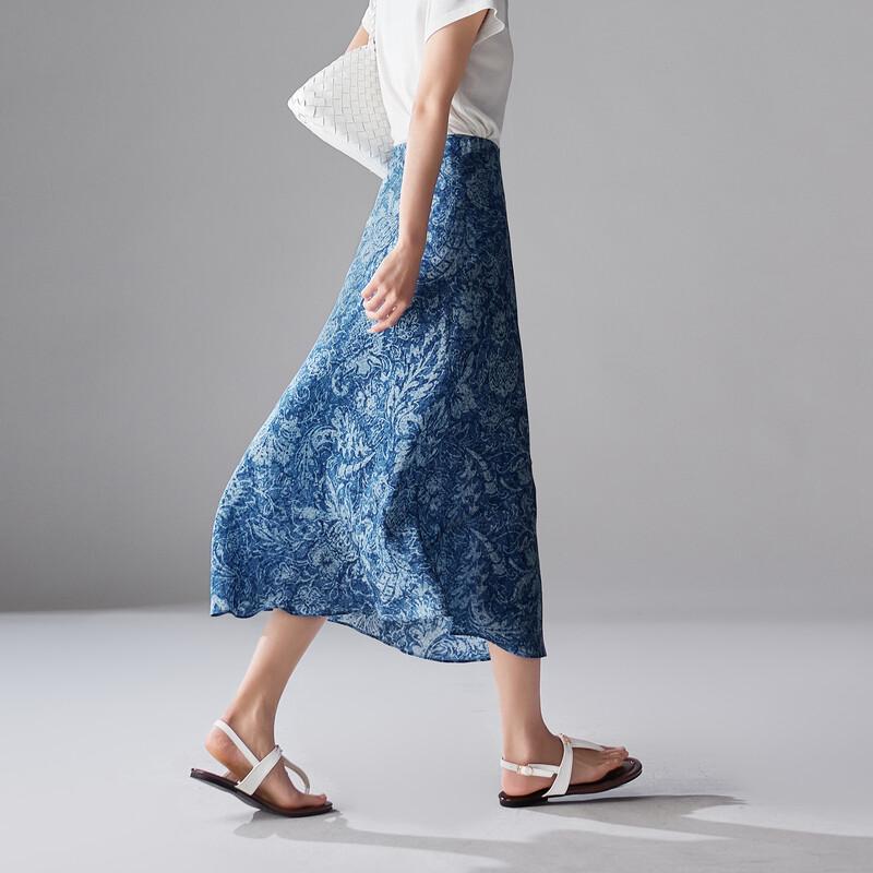 SOFSIL 2026 Summer Silk Printed High-Waist Blue Midi Skirt