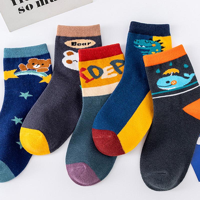 5Pairs Cartoon Bear Children Mid Tube Socks 1-8year Baby Autumn Winter Warm Cotton Sock Solid Color Kids Knit Socks Boy Footwear