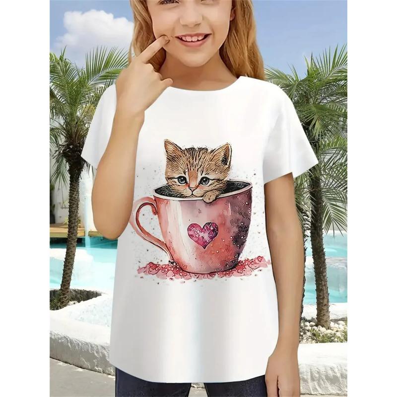 Top s kulatým výstřihem a 3D potiskem kočky, ležérní dětské dívčí tričko s krátkým rukávem - Měkká středně elastická polyesterová tkanina, letní oblečení volného střihu