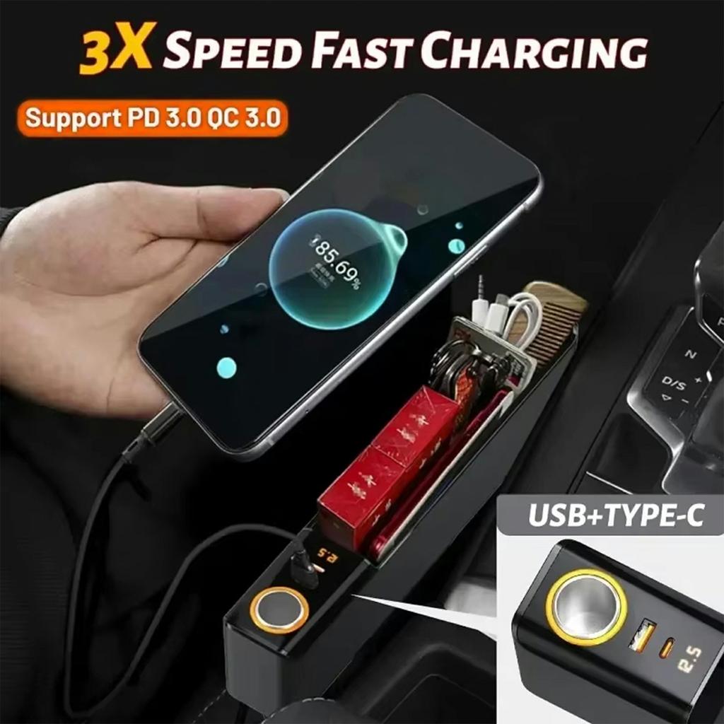 Car Seat Gap Filler Organizer with USB-A + USB-C Fast Charging Ports Multifunctional Storage Box