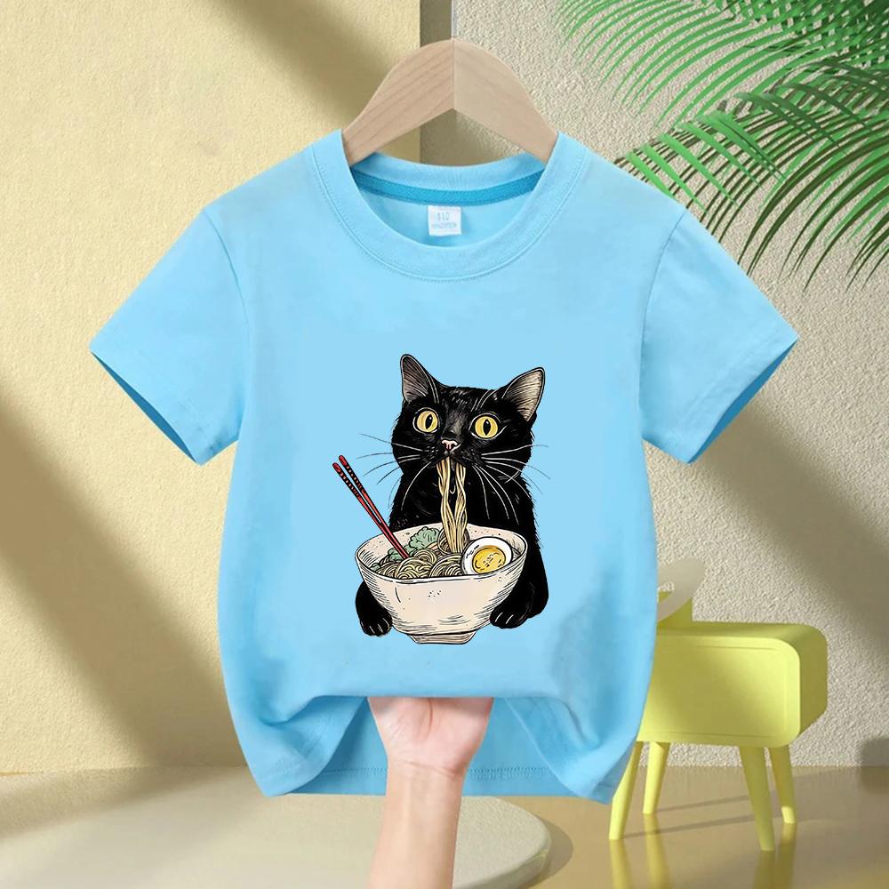 Noodle Ramen Cat TShirt Foodie Lover T Shirts Black Cat Noodle Kids TShirts Retro Casual Short Sleeve Tshirt Girl Boy Clothes
