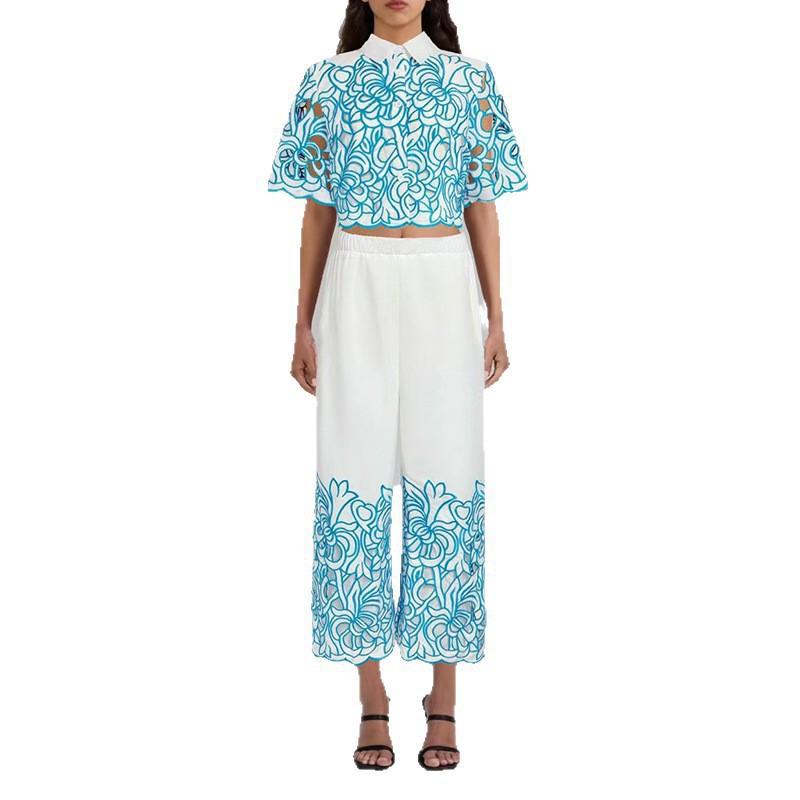 Fashionable Niche Design Two-piece Embroidered Hollowed-out Jacket High-waist Trousers Suit Women