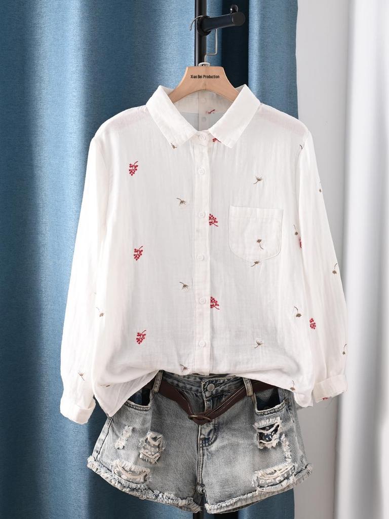 Double-Layer Gauze Floral Embroidered Long-Sleeve Autumn Shirt for Women