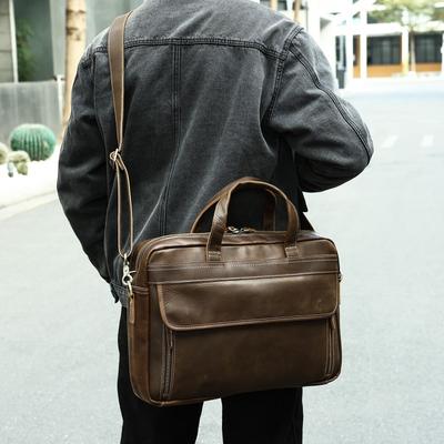 Genuine Leather Men's Briefcase Premium Leather Cowhide Crazy Horse Leather Laptop Bag Crossbody Shoulder Bag