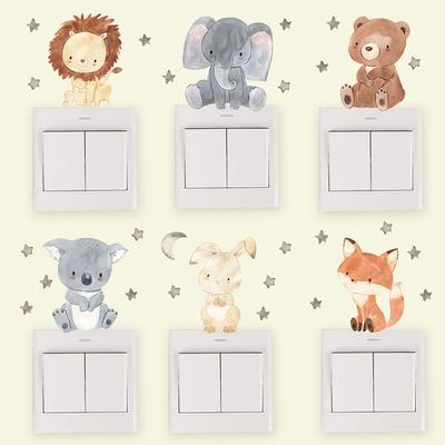 6 Stück/Set Boho Farbe Niedlich Lächeln Cartoon Tiere Schalteraufkleber für Wand Kinderzimmer Baby Kinderzimmer Wandaufkleber Sterne Heimdeko