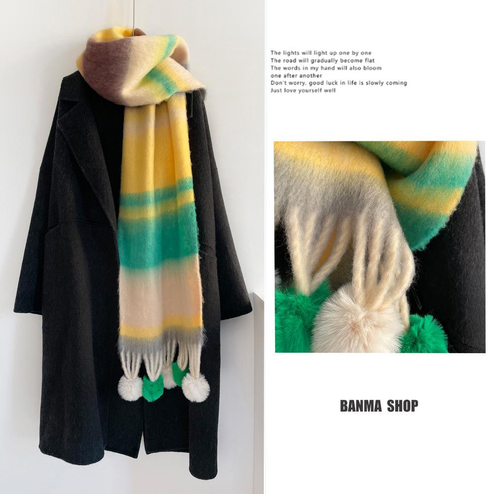 Winter Rainbow Striped Scarf Soft Hanging Hairball Scarf Mohair Thickened Warm Student Cold Scarf Shawl