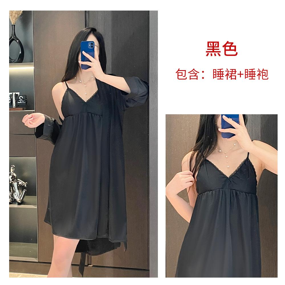 French suspender nightdress women's medium and long imitation acetic acid with chest pad loungewear smooth and drape pajamas spring and summer